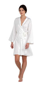 cut out woman in a white bathrobe walking barefoot