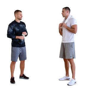 two cut out men standing and talking after workout