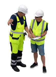 two cut out workmen standing seen from above