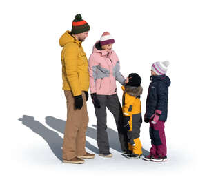 cut out family in winter standing and talking