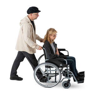 cut out top view of a man pushing a woman sitting in a wheelchair