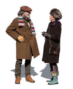 cut out elderly man and woman standing and talking on a sunny winter day