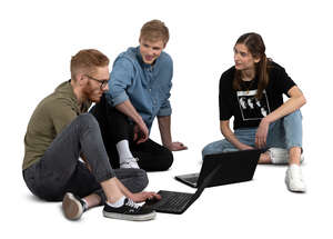 cut out group of young people sitting on the ground with laptops