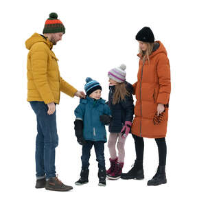 cut out family in winter standing and talking