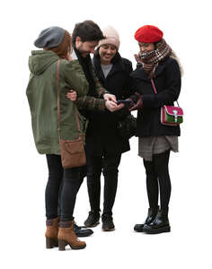 cut out group of friends standing and checking smth from the phone together