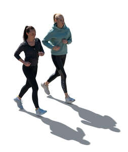 two cut out backlit women jogging seen from above
