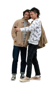 two cut out asian men standing and taking a picture together