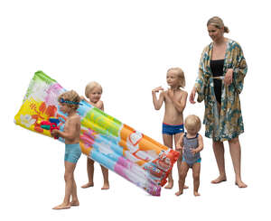 cut out mother with four little kids going to the beach