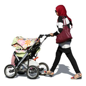 muslim woman with a baby carriage walking