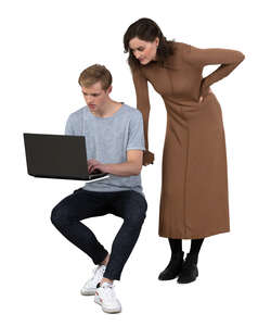 cut out man working with a laptop and a woman standing next to him