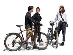 cut out group of young people with bikes standing and talking