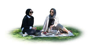 two cut out muslim women sitting in tree shade on the grass