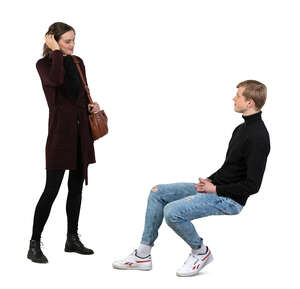 cut out woman standing and talking to a young man sitting