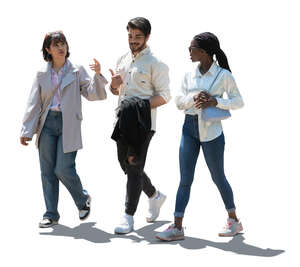 cut out backlit group of three people walking and talking