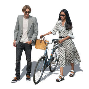 cut out woman with a bike and a young man walking