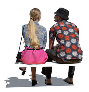 cut out man and woman sitting on a bench outside in summer