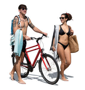 cut out man and woman walking on the beach with a bike