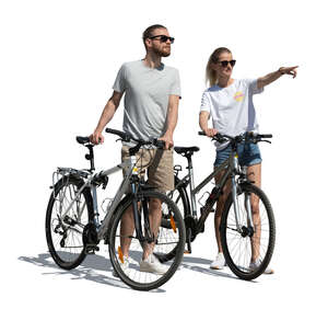 cut out man and woman with bicycles standing and pointing