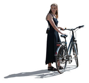 cut out backlit woman with a bike standing and looking back over her shoulder