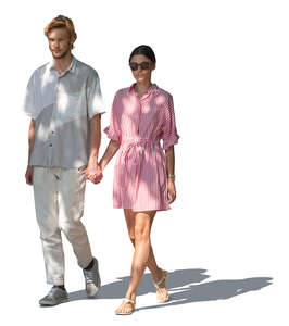 cut out man and woman walking hand in hand in partial sunlight