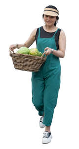 cut out asian woman carrying a basket full of vegetables