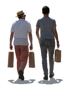two cut out backlit men with shopping bags walking