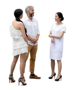 cut out group of three people at a summer party standing and talking