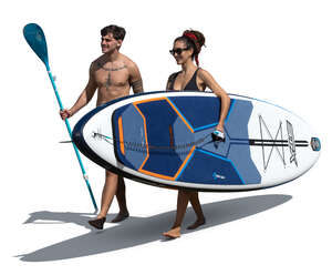 cut out man and woman with a paddle board walking on the beach