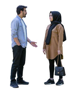 cut out muslim woman standing and talking to a man