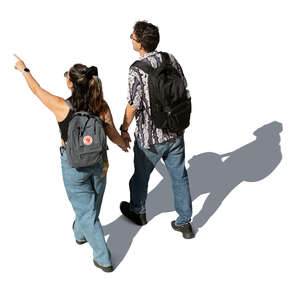 cut out couple walking and pointing ahead seen from above