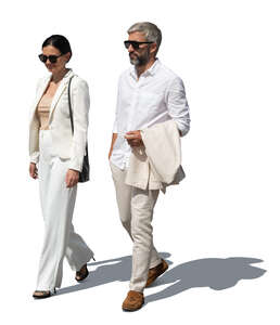 cut out man and woman in white summer clothes walking