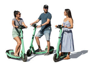 three cut out people with electric scooters standing and talking