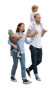 cut out young family with two little kids walking