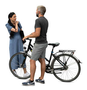 cut out man with a bike standing and talking to a woman