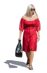 woman in a red dress walking