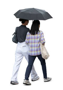 two cut out asian women with an umbrella walking