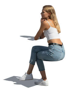 cut out woman sitting and leaning on a table