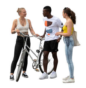 group of three young people standing and talking