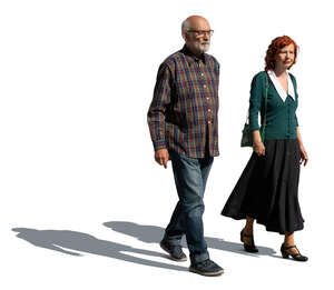 cut out older man and woman walking outside in sunlight