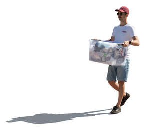 cut out backlit man carrying a plastic box