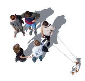 cut out group of five people and dog standing seen from top