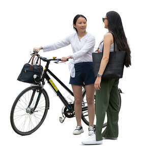 cut out woman with a bike standing and talking to another woman