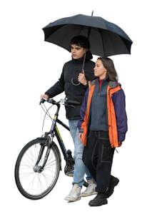 cut out couple with a bike walking in the rain under an umbrella