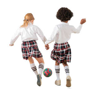 two cut out schoolgirls playing football
