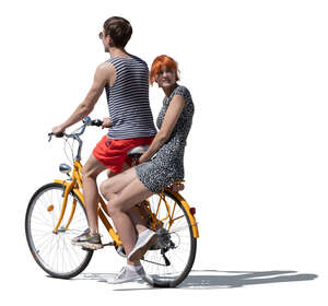 man riding a bike and woman sitting in the rack