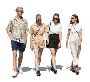 group of four friends walking together on a summer day