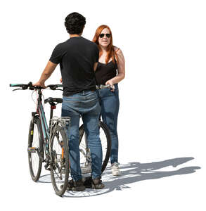 man with a bike standing and talking to his female friend