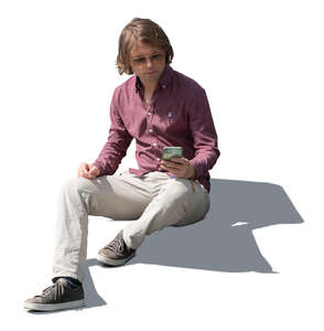 cut out man sitting on the stairs with a phone in his hand