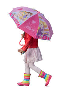 little girl with a pink umbrella walking on a rainy day