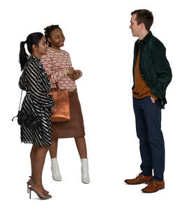 cut out multinational group of three people standing and talking